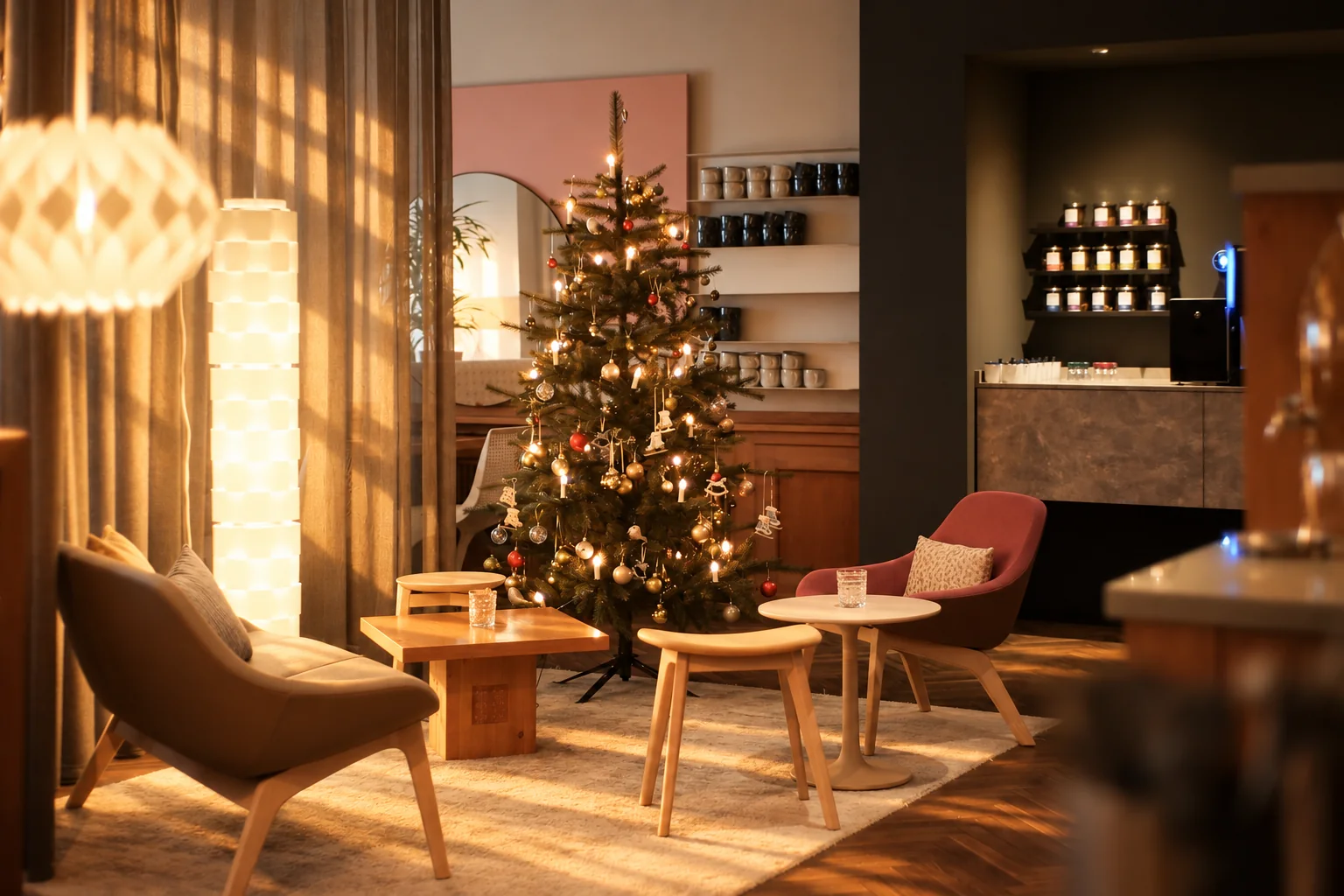 Weihnachtsbaum und gemütliche Sitzplätze in der Townhouse Lounge