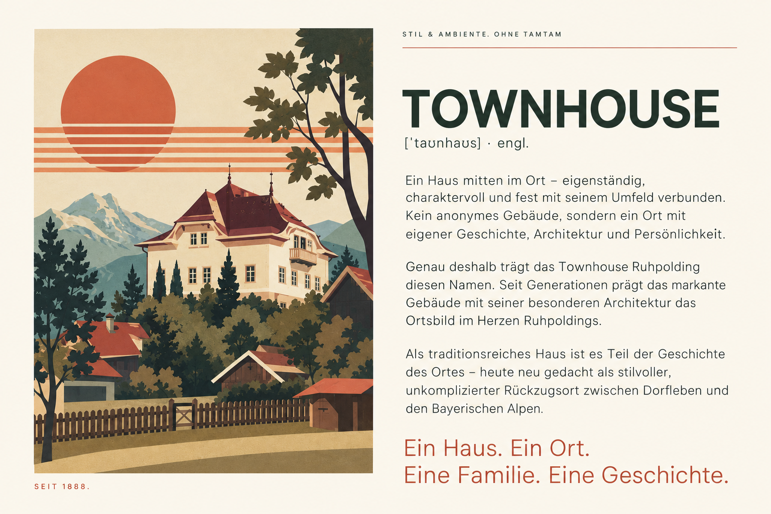 Historische Ansicht des Hauses mit Bergen und Abendsonne