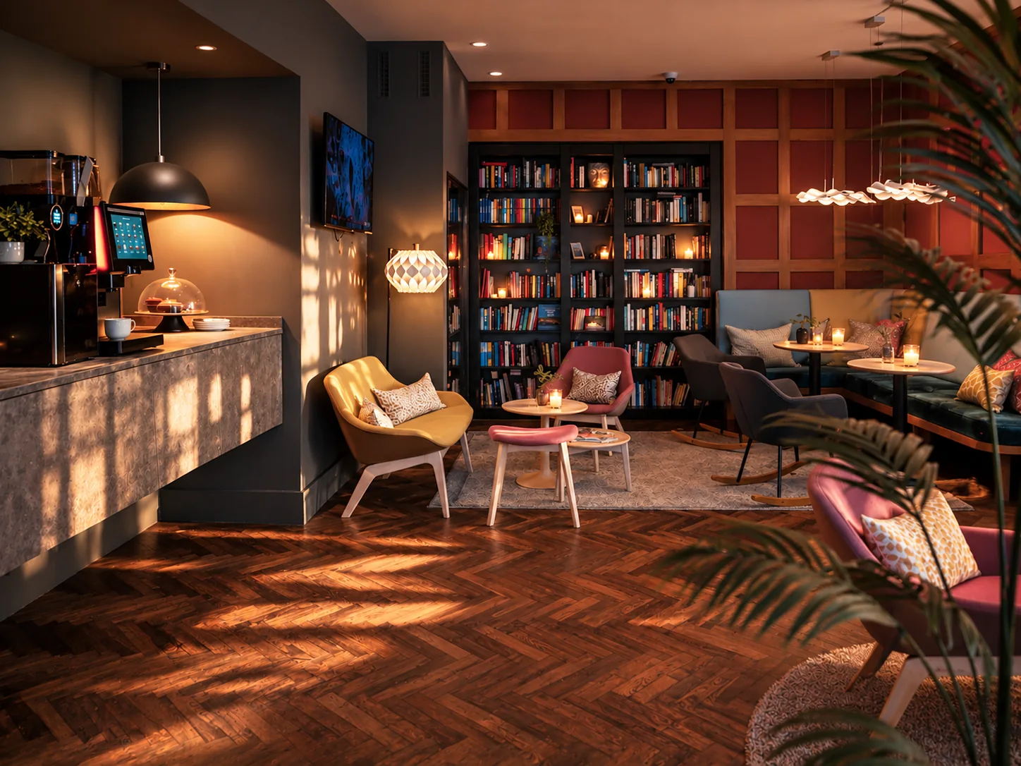 Trustbar und Kaffee-Station mit gemütlicher Bibliothekslounge im Townhouse